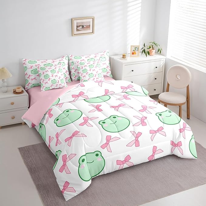 7 Pieces Pink Bowknot Comforter Set King,Cartoon Frog Bow Tie Butterfly Knot Princess Bedding Set,Geometric Patchwork Cute Sweet（Comforter+Fitted+Flat Sheet+2 Pillowcases+2 Throw Pillow Covers）