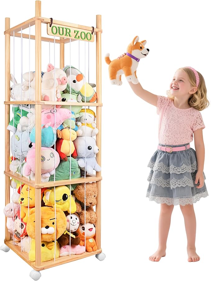 Stuffed Animal Storage with Wheels Wooden Stuffed Animal Holder 54" Stuffed Animal Organizer Space Saving Plushies Storage with Elastic Band Large Capacity Stuffy Storage for Playroom Bedroom