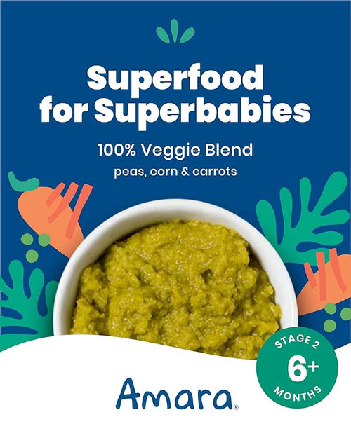 Amara Organic Baby Food - Stage 2 - Peas, Corn & Carrots - Baby Cereal to Mix With Breastmilk, Water or Baby Formula - Shelf Stable Baby Food Pouches Made from 100% Organic Veggies - 10 Pouches, 3.5oz Per Serving