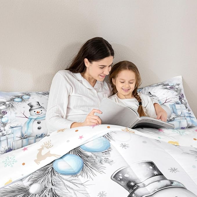 Feelyou Merry Christmas Kids Comforter Set Full Size Cute Snowman Bedding Set Duvet Quilt for Kids Boys Girls Bedroom Snowflake Decor Microfiber Ultra Soft Breathable