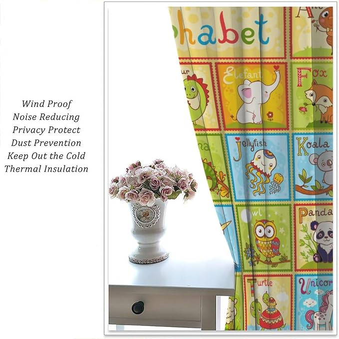 Alphabet Curtains Kids Educational Learning Tool Baby Cartoon Animals Colorful Curtain with Rod Pocket for Bedroom Living Room Decor Drapes Window Treatments 2 Panels Set 72" W X 63" L