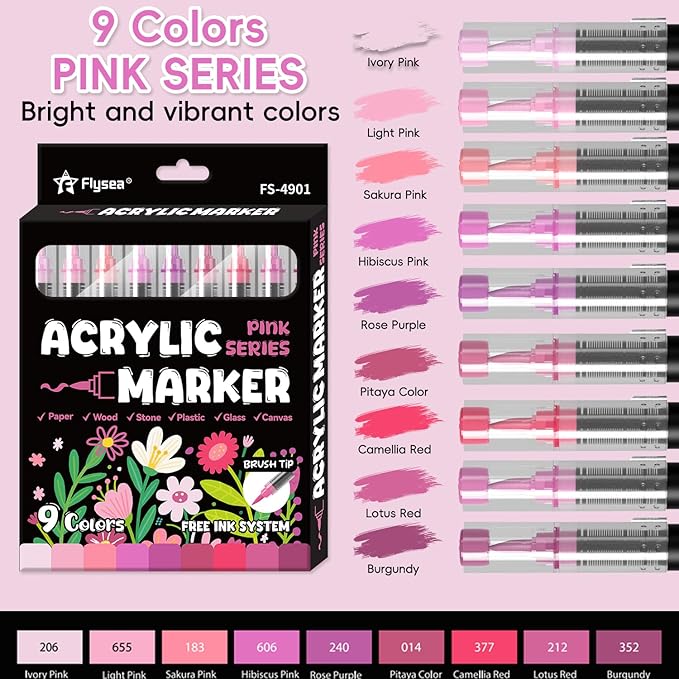Paint Pens Acrylic Markers - 9 Pink Series Brush Tip Water Based Marker Pens for Rock Painting, Wood, Ceramic, Glass, Acrylic Paint Markers for Egg Pumpkin
