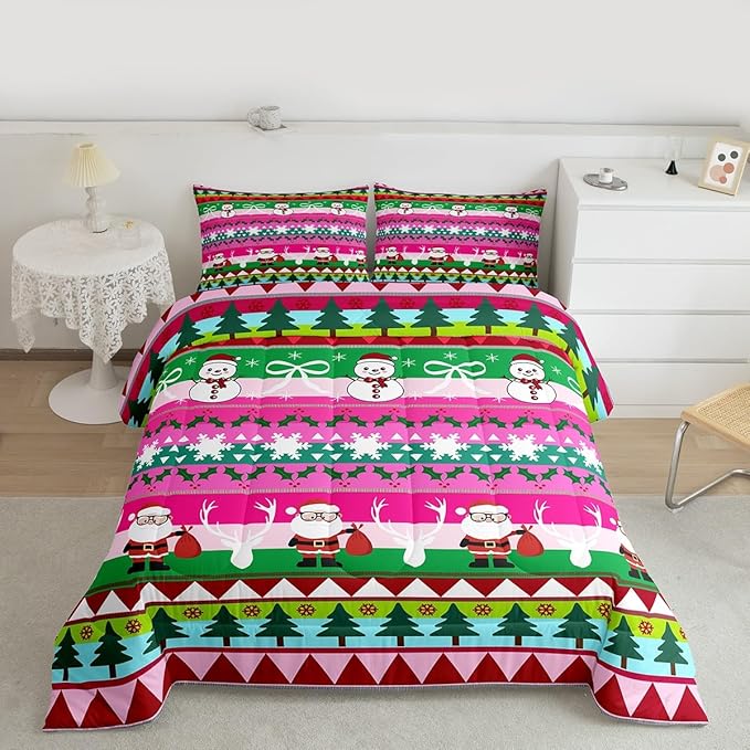 Feelyou Merry Christmas Tree Kids Comforter Set Full Size Cute Snowman Bedding Set Santa Claus Duvet Quilt for Kids Boys Girls Bedroom Cartoon Bowknot Decor Microfiber Ultra Soft Breathable