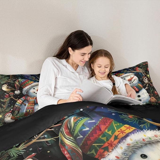 Feelyou Christmas Bedding Set Soft for Boys Girls, Holiday Snowman Birds Comforter Set King Size Xmas Owl Branch Berry Duvet Quilt Microfiber Snowflake Bedroom Decor 3 Pcs with 2 Pillow Cases