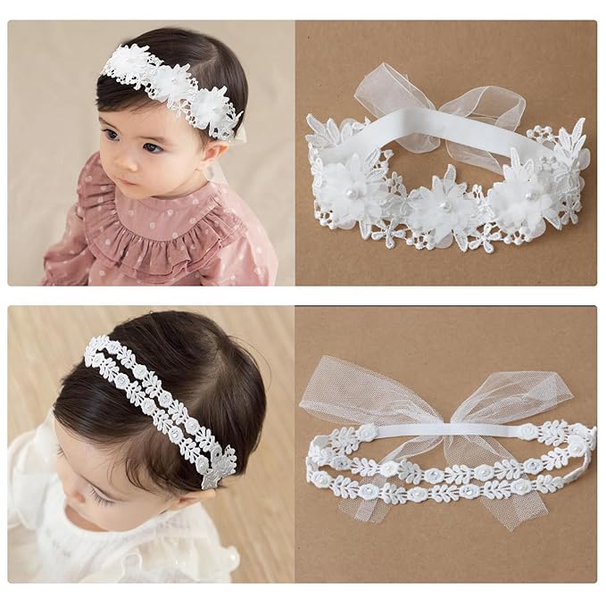 2 Pack 18-20in Elegant White Flower Christening Headbands for Baby Girl, Elastic Soft Lace with Cute Tulle Pearl Hair Strap (Double row of small lace)