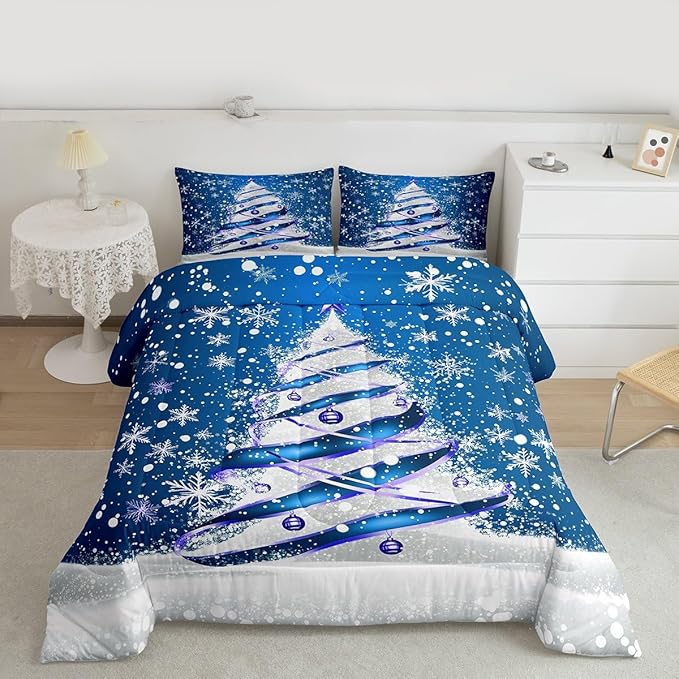 Feelyou Merry Christmas Kids Comforter Set Twin Size Christmas Tree Bedding Set Snowflake Duvet Quilt for Kids Boys Girls Bedroom Winter Decor Microfiber Ultra Soft Breathable