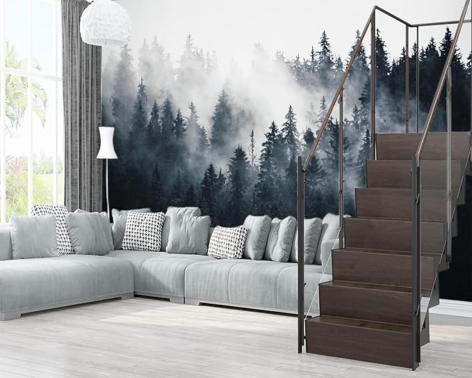XMPMBM-Misty Forest Fabric Wallpaper Pine Forest Living Room Bedroom Bathroom Wall Mural-W 154" X H 105"（112 Square Foot）