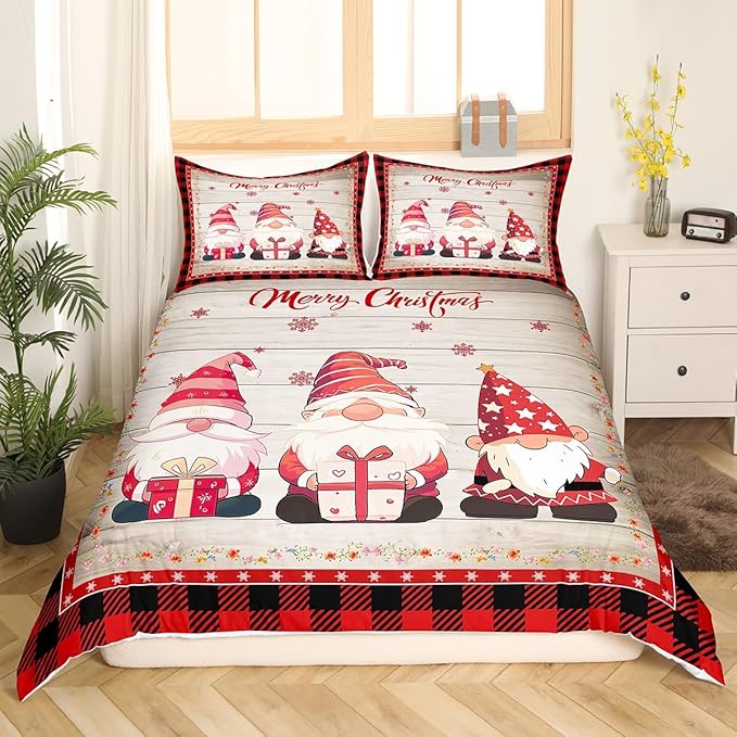 Christmas Gnomes Duvet Cover Set King Size, Rustic Wooden and Red Plaid Xmas Comforter Cover with 2 Pillowcases, New Year Theme Bedding Set for Kids Boy Girls Lightweight Bedspread Cover,No Comforter