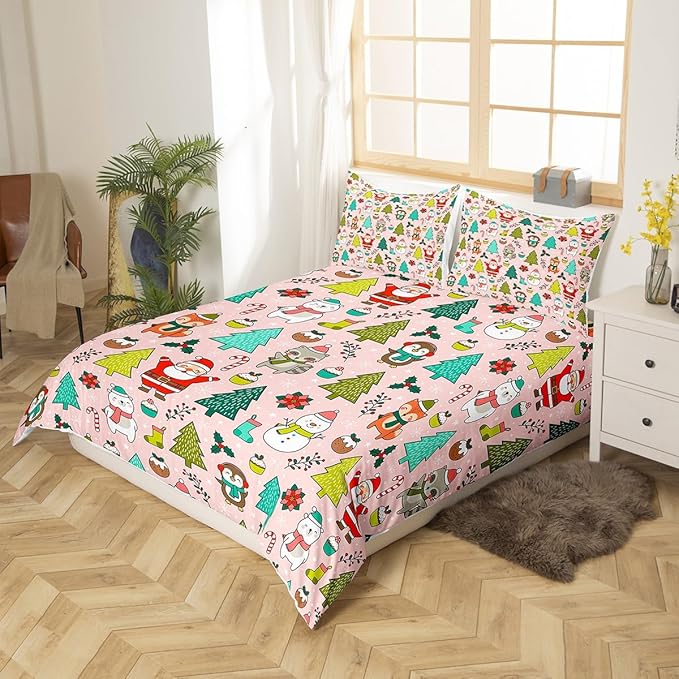 Manfei Christmas Duvet Cover Set King Size, Santa Claus Xmas Trees Animals Snowman Bedding Set 3pcs for Kids Girls, New Year Comforter Cover Soft Polyester Quilt Cover with 2 Pillowcases,No Comforter