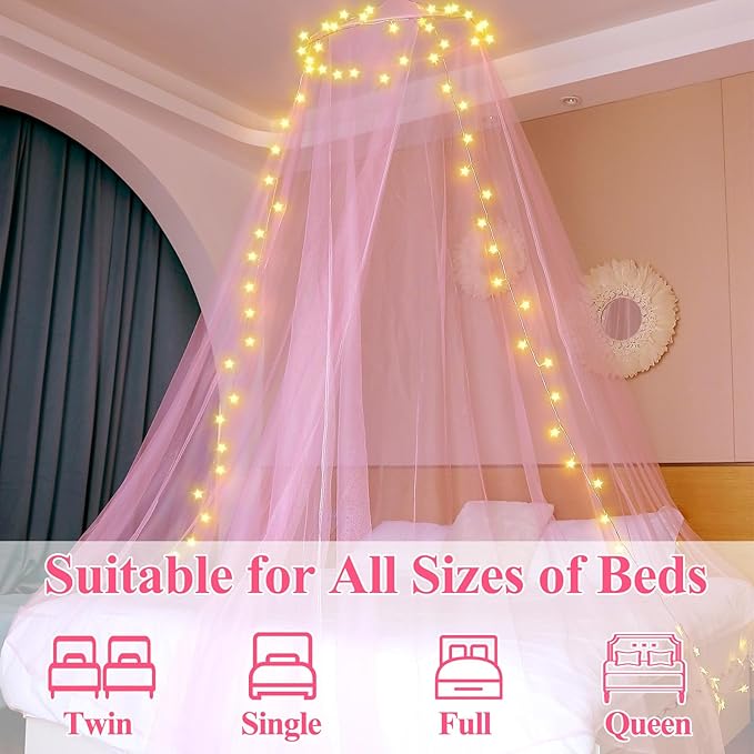 Lovelite Bed Canopy for Girls, Pink Canopy Bed Curtain with Warm White Star String Lights Remote Control, Dome Princess Canopy for Girls Room Twin Full Queen King Bed Decor