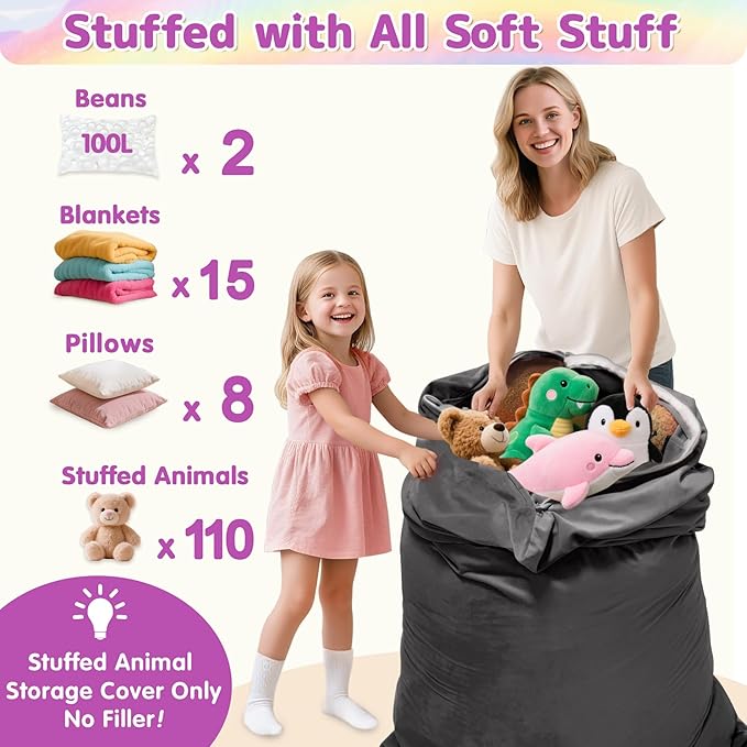 Stuffed Animal Storage Bean Bag Chair for Kids and Adults, Stuffed Animal Bean Bag Storage, Luxury Velvet Stuffie Seat - COVER ONLY(Dark Grey 200 L/52 Gal)
