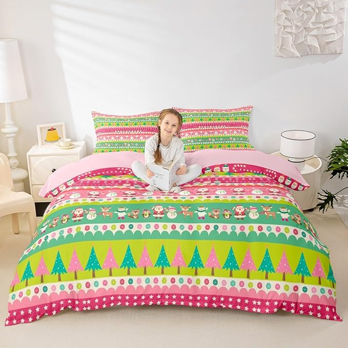 Christmas Bedding Set Cute Fox Santa Claus Polar Bear Comforter Cover for Kids Boys Girls Teens Christmas Tree Duvet Cover Breathable Pink Dots Stripe Bedspread Cover Room Decor Quilt Cover Full Size