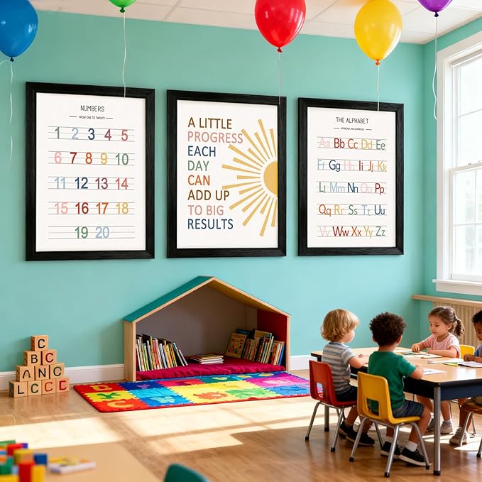 3 PCS Alphabet Numbers Framed Playroom Wall Decor,Classroom Must Haves,A Little Progress Each Day Boho Educational ABC Poster Wooden Sign for Baby Girl Kid Boy Toddlers,Neutral Preschool English Letters Nursery Decor for Homeschool Kindergarten Kids Le...