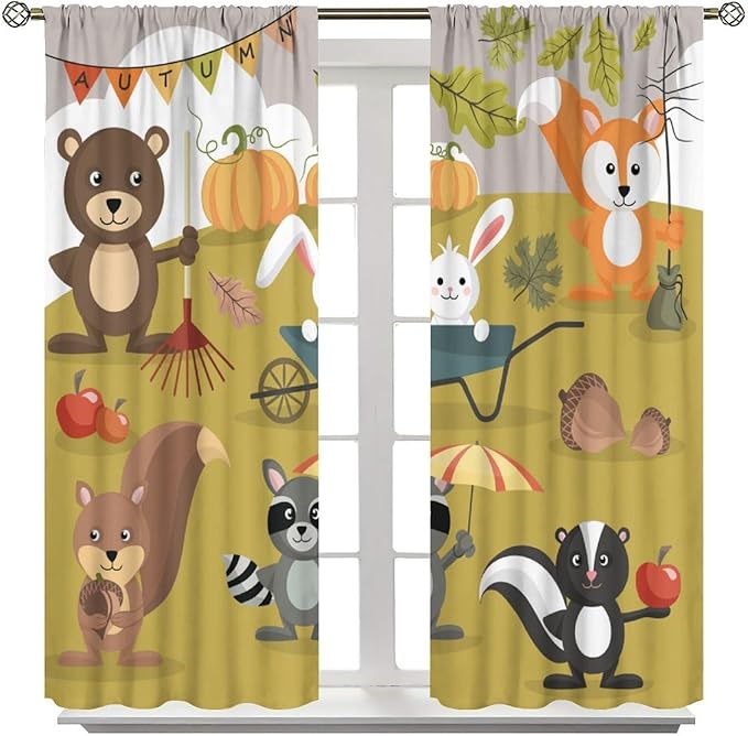 Cartoon Curtains, Jungle Animals Autumn Fun Pattern Blackout Window Treatments, Rod Pocket Thermal Insulated Drapes 2 Panel Sets for Children Boys Bedroom Nursery Classroom, 84" W X 84" L