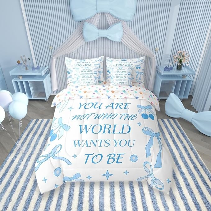 7 Pieces Blue Bowknot Kids Comforter Set Queen,Cherry Tropical Fruit Cartoon Princess Bedding Set,Bow Tie Stars Daisy Cute Blue Dreamy（Comforter+Fitted+Flat Sheet+2 Pillowcases+2 Throw Pillow Covers）