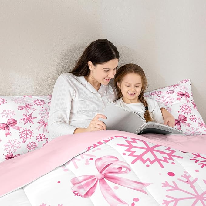 Cute Bow Tie Kids Bedding Set Queen Size,Girly Bowknot Snowflake Dots Comforter Set,Merry Christmas Winter Princess Quilt Comforter,Pink White Bedroom Duvet Insert,2 Pillowcases