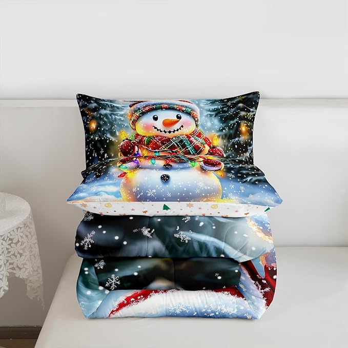 Lovely Snowman Kids Comforter Set Full Size,Xmas Colorful Lanterns Snowflake Bedding Set,Girls Boys Room Decor,Winter Merry Christmas Quilt Comforter,Rainbow Duvet Set Bedroom Quilt Set,2 Pillowcases