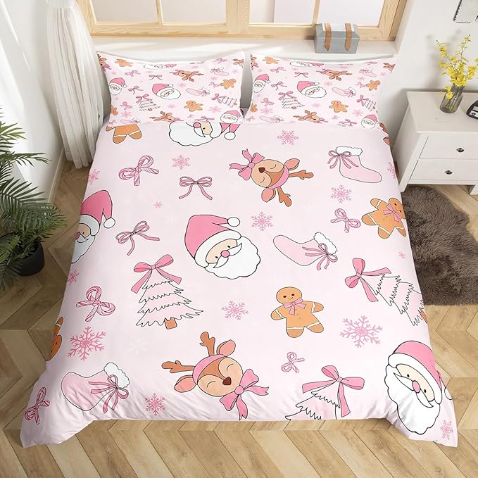 Feelyou Kids Pink Christmas Bedding Set Twin Size Merry Christmas Snowman Duvet Cover for Boys Girls Teens Bedroom Decor Santa Claus Comforter Cover Soft Microfiber Xmas Tree Deer with 1 Pillow Case