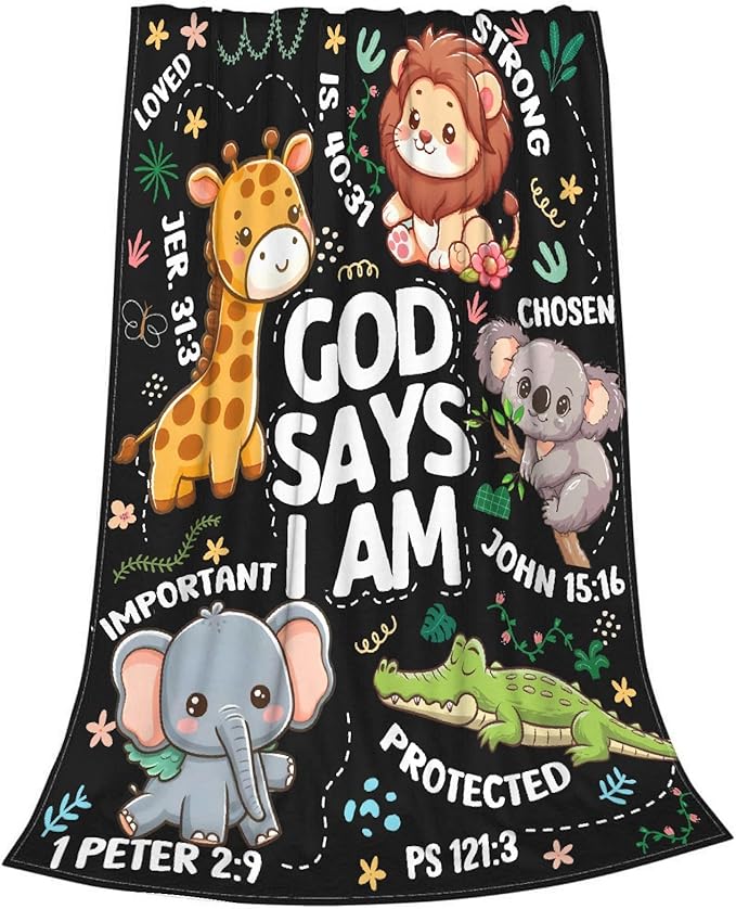 Bible Verse Blanket, Christian Gifts, God Says I am Blankets,Giraffe Lion Koala Elephant Print Animal Blankets, Cute Religious Baptism Gift for Son,Animals Lover Room Bed Decoration, 30"x40"