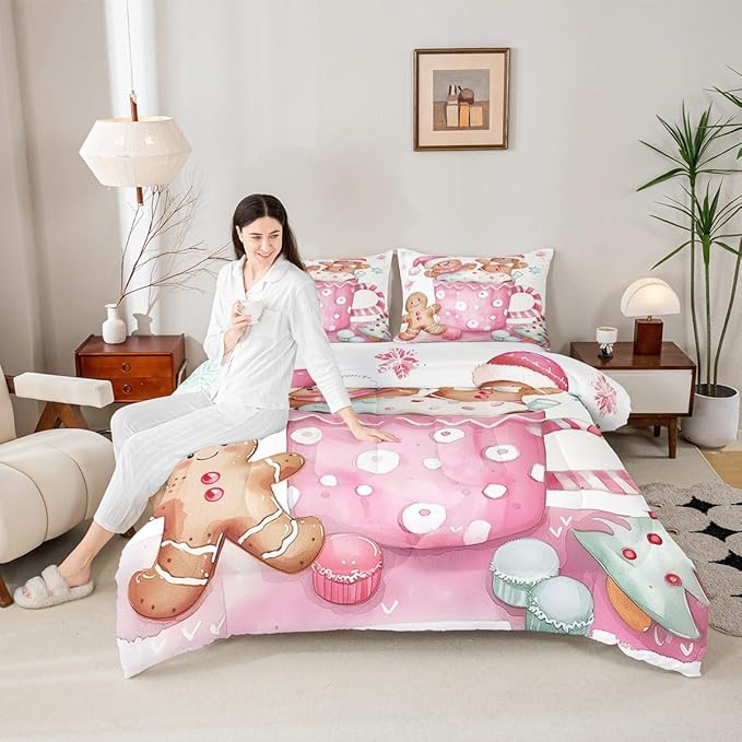 Feelyou Christmas Bedding Set Soft for Boys Girls, Pink Gingerbread Comforter Set Toddler Size Christmas Decor Duvet Quilt Microfiber Xmas Bedroom Decor 2 Pcs with 1 Pillow Cases