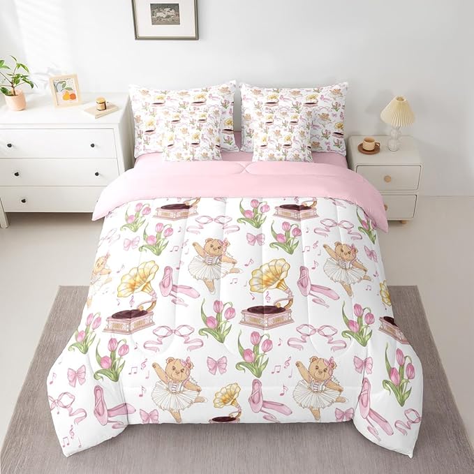 Pink Bowknot Princess Comforter Twin Size,Ballet Shoes Bear Dancer Cartoon 7 Pcs Bedding Set,Tulip Flower Music Note Record Decor,Bow Tie Romantic （Fitted+Sheet+2 Pillowcases+2 Throw Pillow Covers）