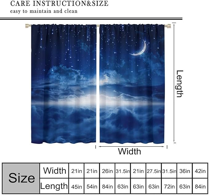 Star Night Sky Blackout Curtains, Moon Foggy Clouds Landscape Theme Print Window Drapes for Kids Girls Bedroom Living Room 55" W X 63" L