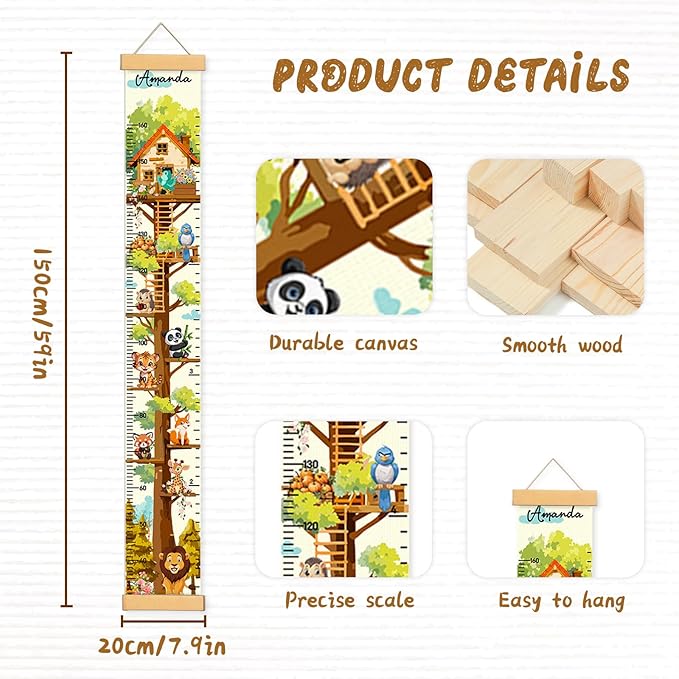 Personalized Name Height Chart for Kids, Kids Growth Chart for Wall, 59" X 7.9" Canvas Removable Height Chart Measuring Ruler for Kids & Baby(Painted Tree House）