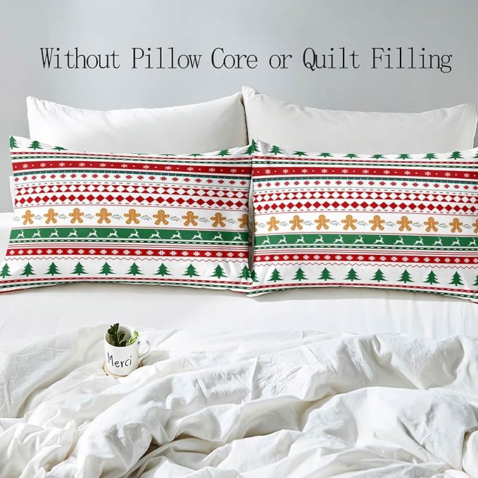 LUVIVIHOME 2PCS Christmas Duvet Cover Twin Bedding Sets, Gingerbread Man Christmas Tree Snowflake Poinsettia Reindeer Winter Holiday Xmas Gifts Red Green White Striped Comforter Cover, 1 Pillow Sham