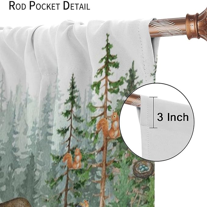 Woodland Animal Curtains, Watercolor Squirrel Hare Bear Bird Pattern Blackout Window Treatments, Rod Pocket Thermal Insulated Drapes 2 Panel Sets for Kids Bedroom Nursery Classroom, 42" W X 63" L