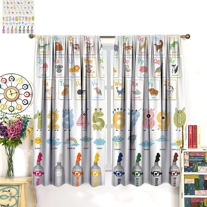 Alphabet Learning Curtain for Kids, Colorful Cartoon Animal Multiplication Table Educational, Classroom Child Printed Rod Pocket Window Drapes for Bedroom Living Room Decor 42" W X 45" L