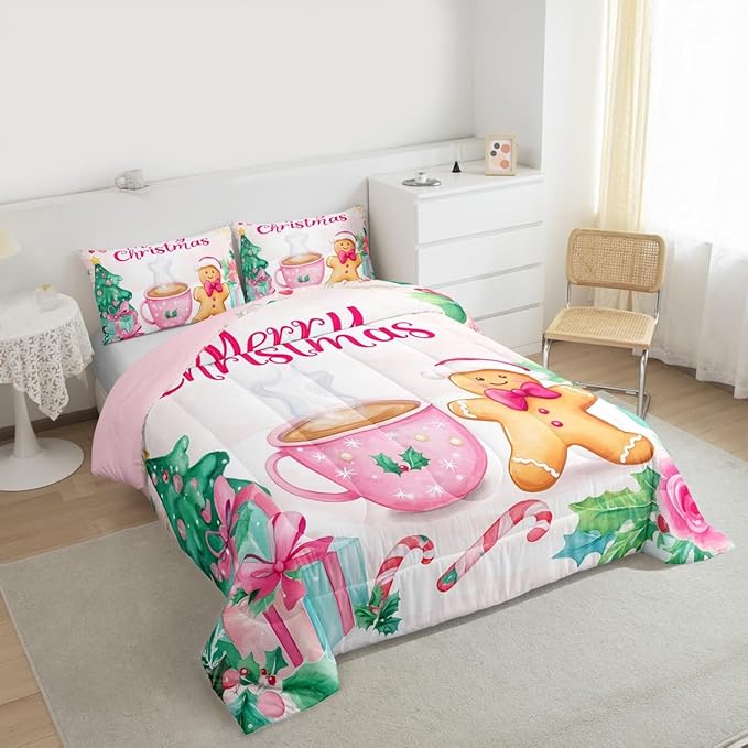 Feelyou Merry Christmas Bedding Set Soft for Boys Girls, Christmas Decor Comforter Set Queen Size Gingerbread Man Duvet Quilt Microfiber Xmas Bedroom Decor 3 Pcs with 2 Pillow Cases