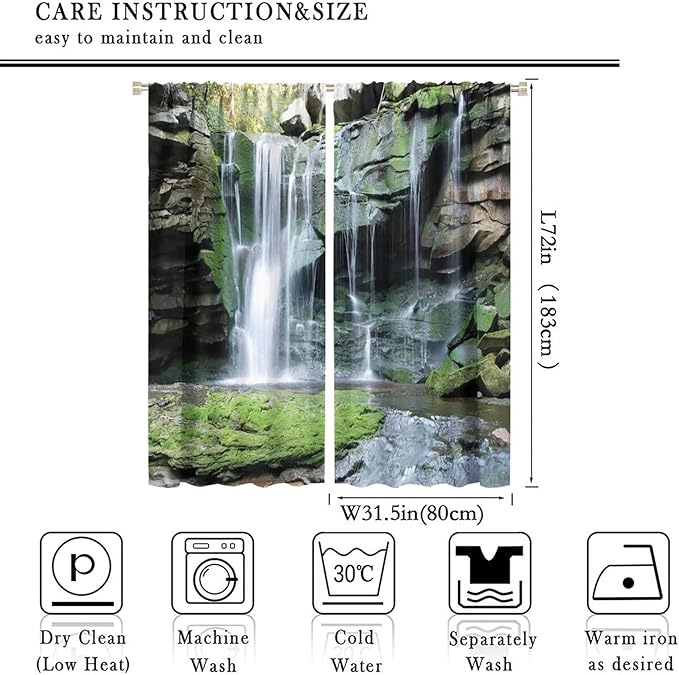 Forest Waterfall Blackout Windows Curtains, Rocky Waterfall to Pond Running Off Scenic Nature Themed Picture Print Curtains, for Living Room Bedroom 63x72in 2 Panels