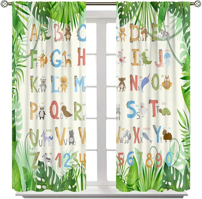 Kids Animal Alphabet Curtain Tropical Plant Alphabet Educational Printed Rod Pocket Window Drapes for Bedroom Living Room Nursery School Decor 42" W X 45" L