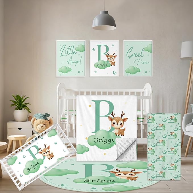 Personalized Crib Bedding Set, 5 Pcs Custom Nursery Bedding Sets with Name, Infant Bedding Set for Baby Girl Boy, Green Deer Double Layer Baby Crib Set, Toddlers Babies Kids Customized Gifts