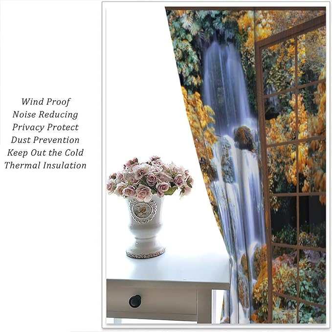 Waterfall Blackout Curtains, Waterfall Forest Landscape Wooden Window Print Pattern Window Drapes, for Bedroom Living Room 84" W X 84" L