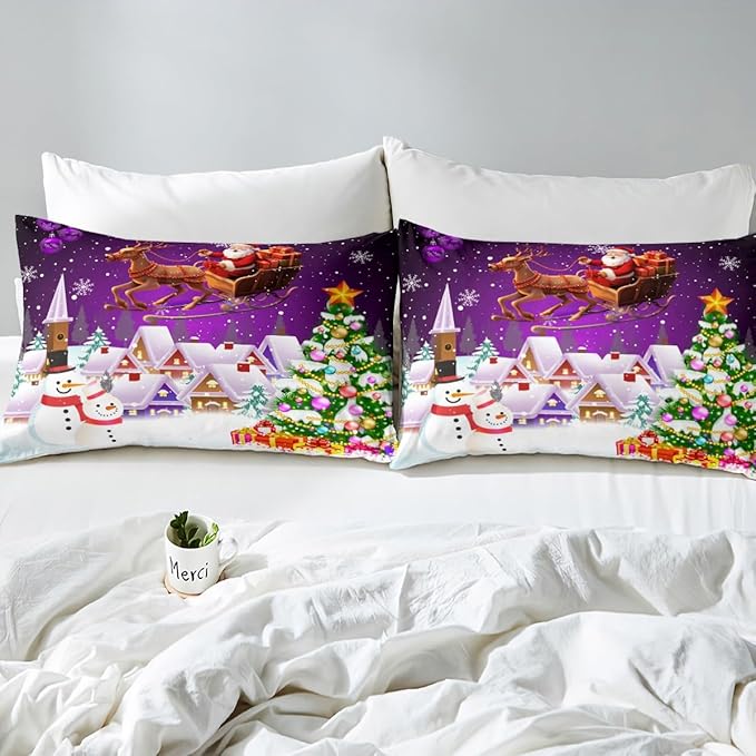 Manfei Xmas Duvet Cover Set Queen Size, Snowman Christmas Tree Bedding Set for Kids Boys Girls, Santa Claus with Reindeer Comforter Cover New Year Theme Quilt Cover with 2 Pillowcases, No Comforter
