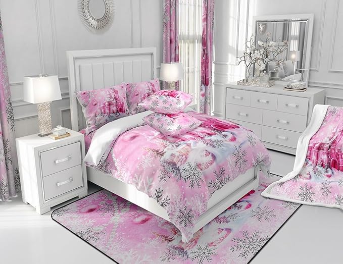 Pink Castle Comforter Set Queen Size,Cartoon Fairy Tale Theme Watercolor Bedding Set for Women Adult,Christmas Winter Silver Snowflakes Luxury Bed Duvet Insert, 2 Pillowcases