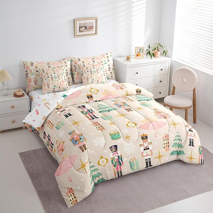 Erosebridal 7Pcs Beige Christmas Comforter Set Twin Size,Princess Nutcracker Bedding Set,Xmas Tree Snow Bed in A Bag for Kids Boys Girls,Starry Sky Christmas Decoration Quilt with Flat Fitted Sheet