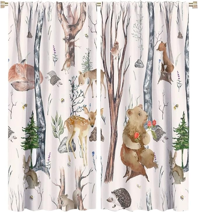 Rustic Forest Window Curtains Curtains, Woodland Animal Bear Deer Hedgehog Fox Squirrel Watercolor Blackout Rod Pocket Treatments Drapes for Boys Girls Bedroom 55x63in