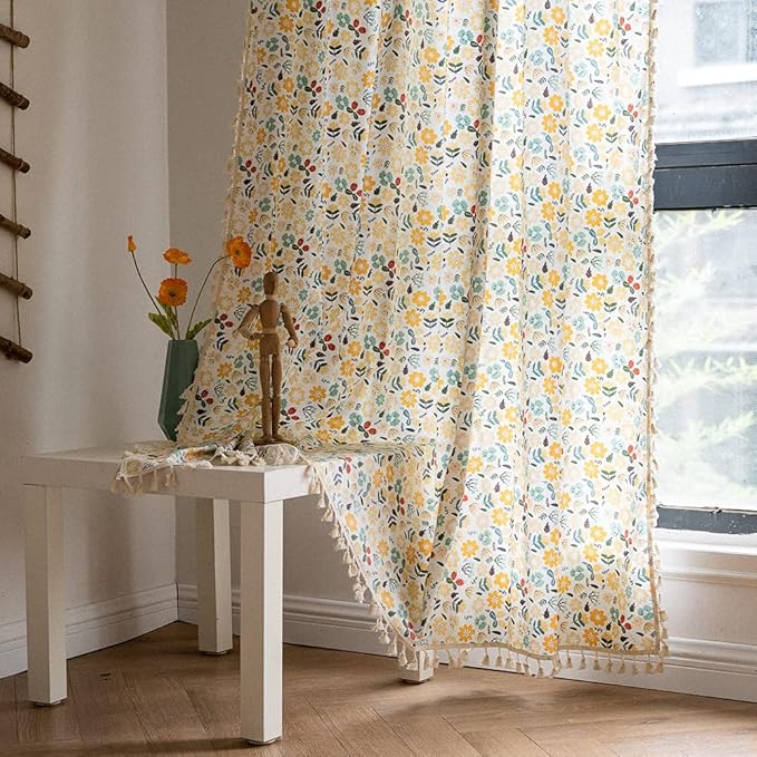 ENJOYBRIDAL Floral Curtains 84 Inch Length 2 Panels Tassel Boho Semi-Sheer Drapes Bedroom Living Room Farmhouse Rustic Country Yellow Green Flower Rod Pocket Cotton Linen Blend Window Curtain Panel