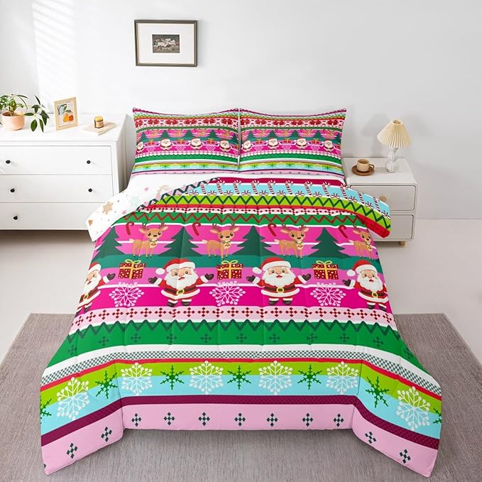 Feelyou Merry Christmas Comforter Set All Season Santa Claus Bedding Set with 1 Pillow Cases Cute Deer Microfiber Kids Twin Bedclothes Snowflake Bedroom Decor Duvet Quilt Breathable Soft