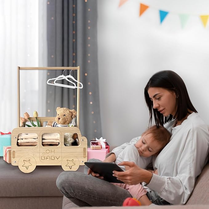 fun-plus Baby Shower Crate Closet, Bus Shape Baby Shower Basket with Handle Baby Storage Crate, Wooden Crate for Pregnancy New Parent (Bamboo made)