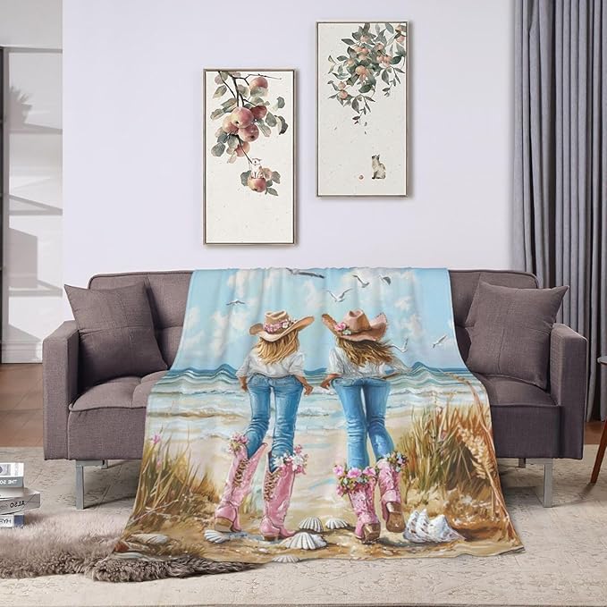 Coastal Cowgirl Blanket Cowgirl Beach Decor Throw Blanket Super Soft Flannel Lightweight Fluffy Plush Fuzzy Fleece Western Blanket Gifts for Girl Woman Boys Kids Adults Man for Bed Sofa 50"X60"