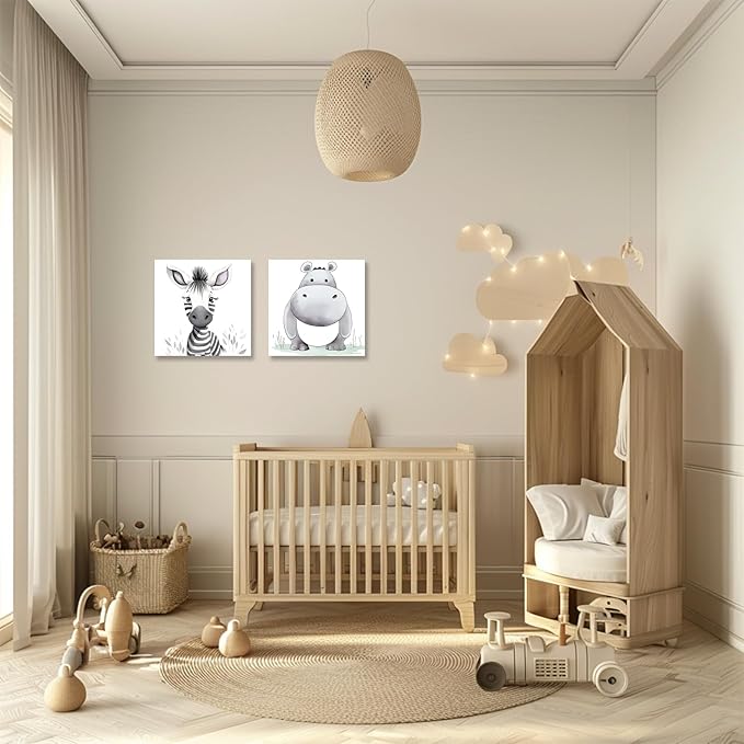 Baby Animal Framed Canvas Wall Art Set of 2 - Cute Baby Zebra Hippo Paintings Pictures Nursery Decor Wild Animals Posters Prints for Living Room Kids Room Decor(Artwork-01, 24"x24"x2P)