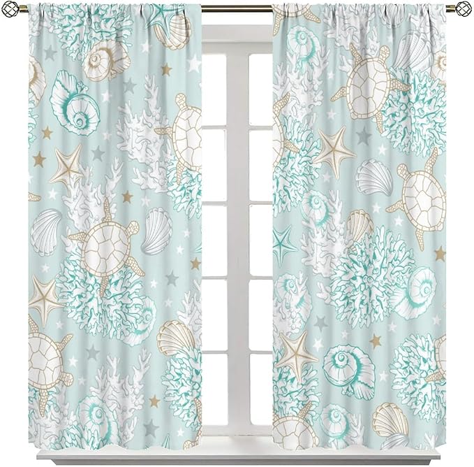 Nautical Curtains,Seagorses Coral Starfish Reef Seashell Beach Sea Seashell Pattern Blackout Print Home Bedroom Living Room Window Treatmen 2 Panel Set 52x84 Inch