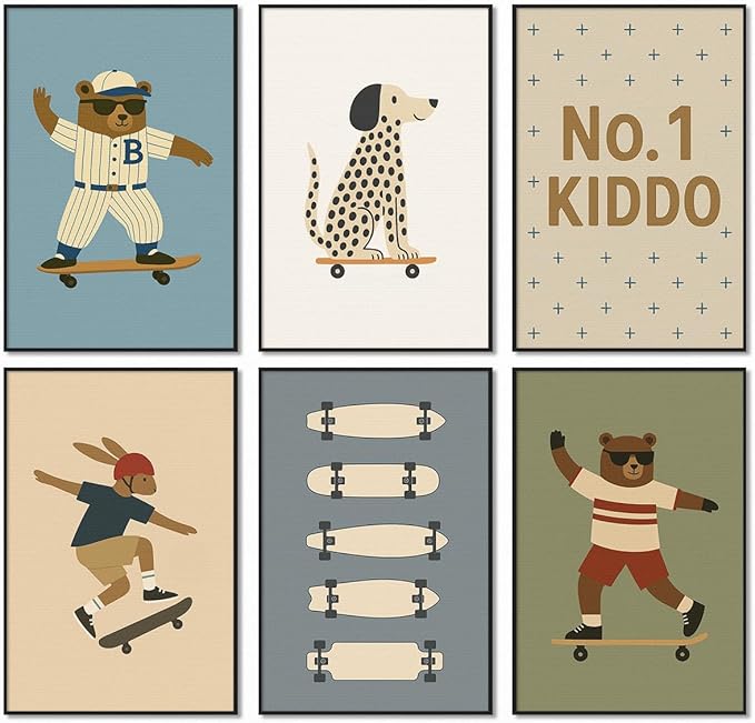 Skateboard Canvas Wall Art, Nursery Animal Sports Posters, Fashion Sunglasses Bear Athletes Pictures, No.1 Kiddo Inspirational Quote Print, Funny Skateboard Rabbit Dog Painting 16x24in Wrapped Canvas
