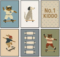 Skateboard Canvas Wall Art, Nursery Animal Sports Posters, Fashion Sunglasses Bear Athletes Pictures, No.1 Kiddo Inspirational Quote Print, Funny Skateboard Rabbit Dog Painting 12x16in Framed
