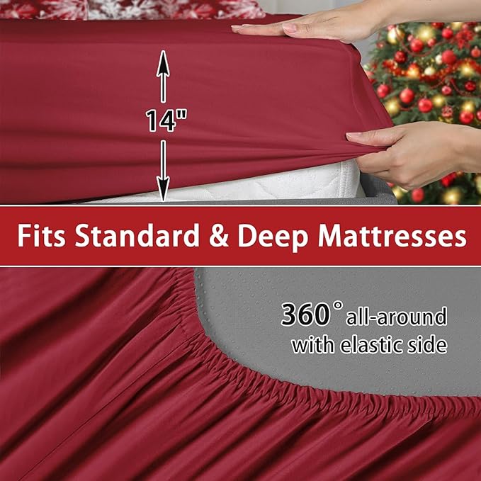 7 Pcs King Size Christmas Comforter Set with 2 Pillowcases & 2 Shams, Red Glitter Xmas Tree Bedding for Kids and Adults, White Elegant Snowflake Bed in a Bag with Flat Fitted Sheet