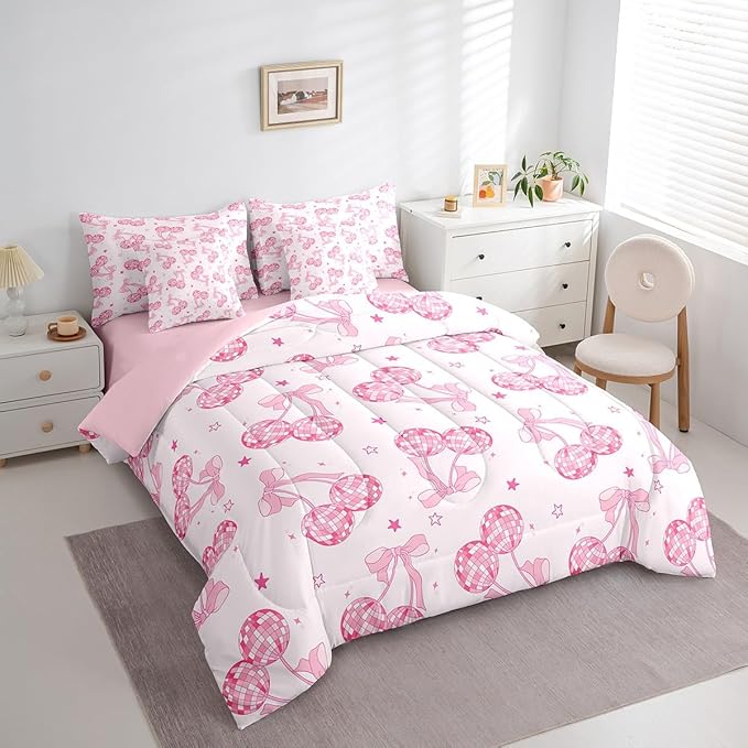 7 Pieces Bowknot Princess Kids Comforter Queen,Disco Crystal Ball Western Cowgirl Bedding Set,Starry Sky Bow Tie Romantic Pink Girly（Comforter+Fitted+Flat Sheet+2 Pillowcases+2 Throw Pillow Covers）