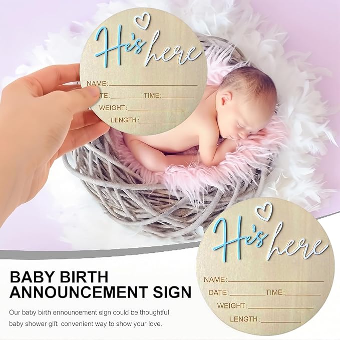 Baby Announcement Sign, 5.9 Inch Wooden Hello World Newborn Signs, Birth Announcement Sign, Gender Reveal Signs, He's here Decoration, Welcome Newborn Arrival To World, Hospital Nursery for Baby